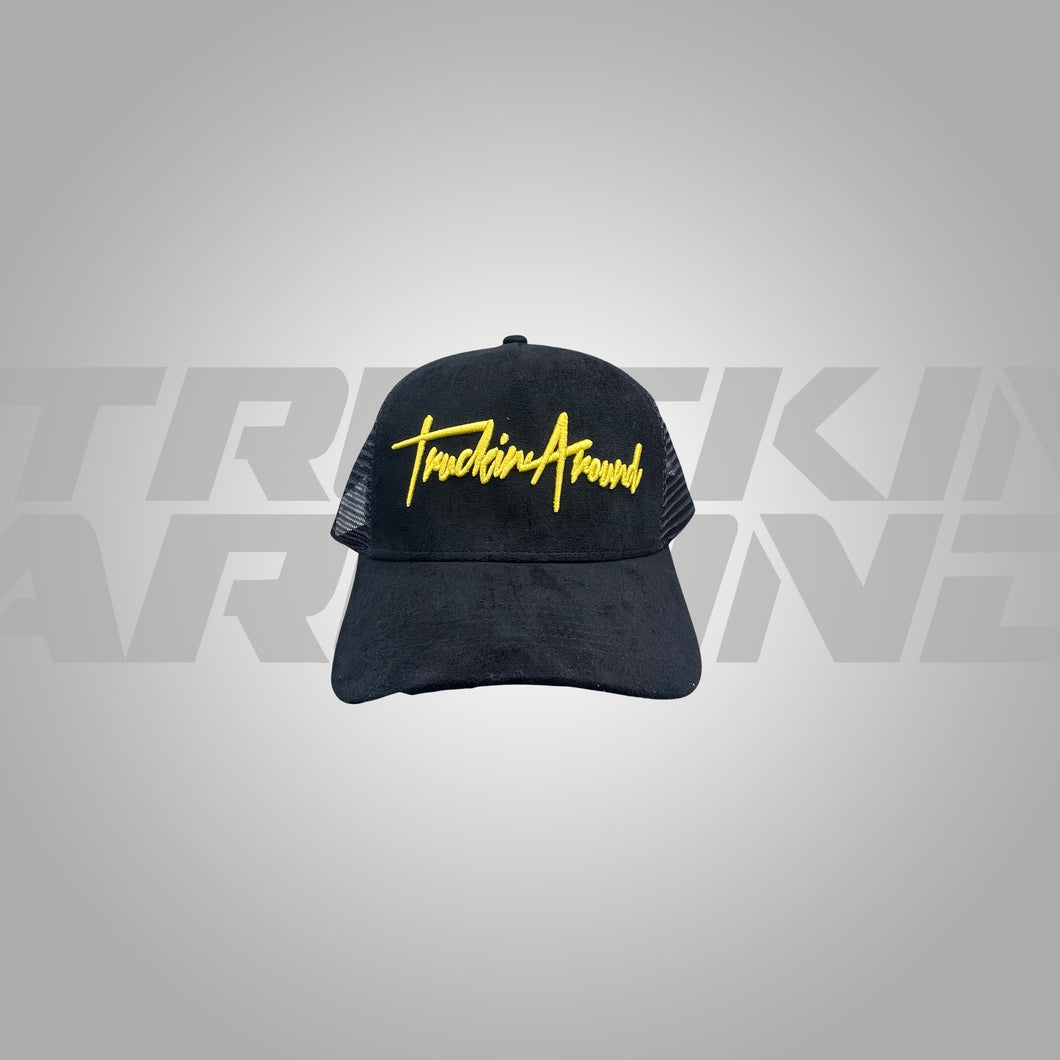 Truckin Around Cursive gold logo mesh hat